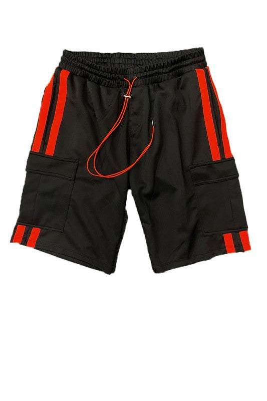 Two Stripe Cargo Pouch Shorts with elastic waist and drawstring, featuring side and back Velcro pockets.
